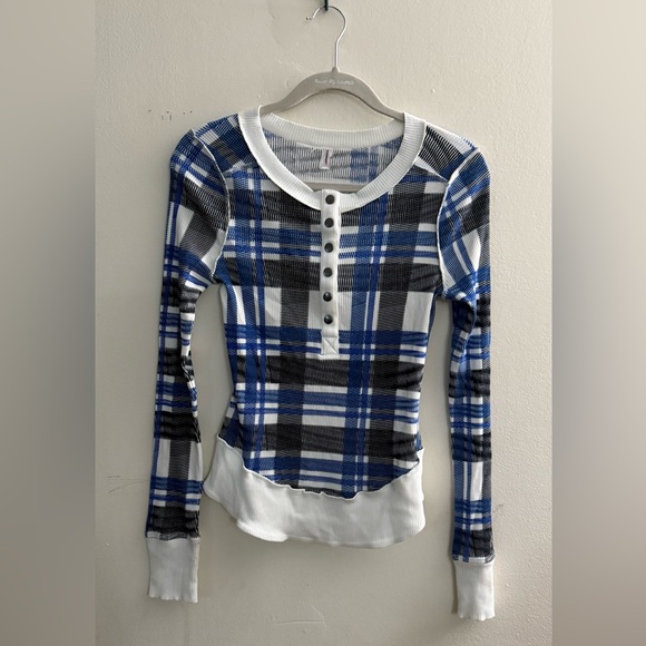 FP MOVEMENT Rally Ribbed Thermal Long Sleeve Top Plaid Ivory Blue Black - Picture 2 of 7